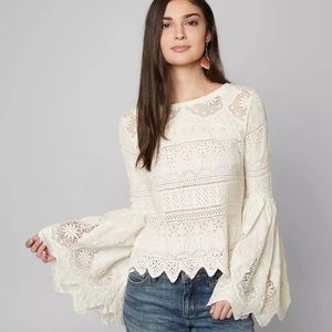 Free People “Once Upon a Time” bell-sleeve crochet top, size S